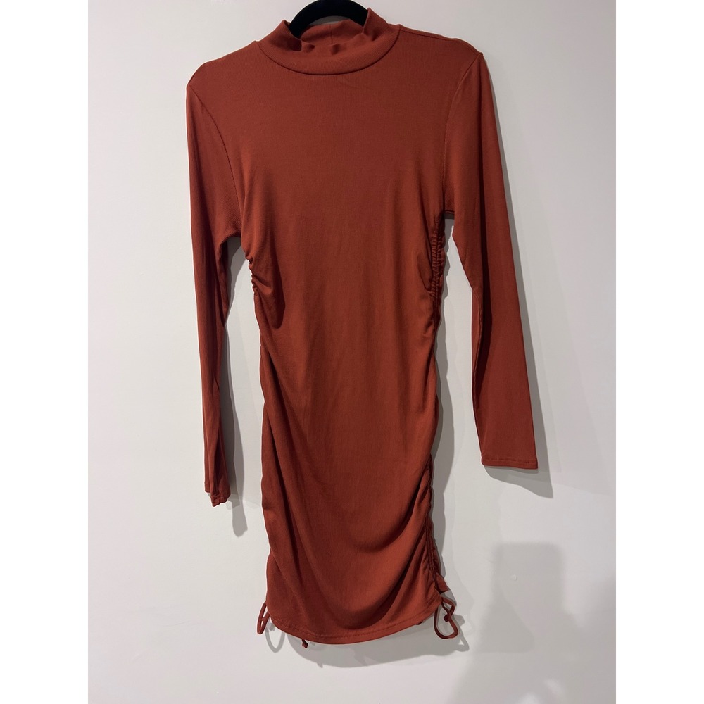 BB Dakota Steve Madden Rust Orange Ribbed Ruched Mock Neck Mini Dress BL48741R M